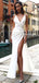 Simple Sexy Spaghetti Strap Sleeveless Side Slit White Long Cheap Formal Evening Prom Dresses, PDS0076