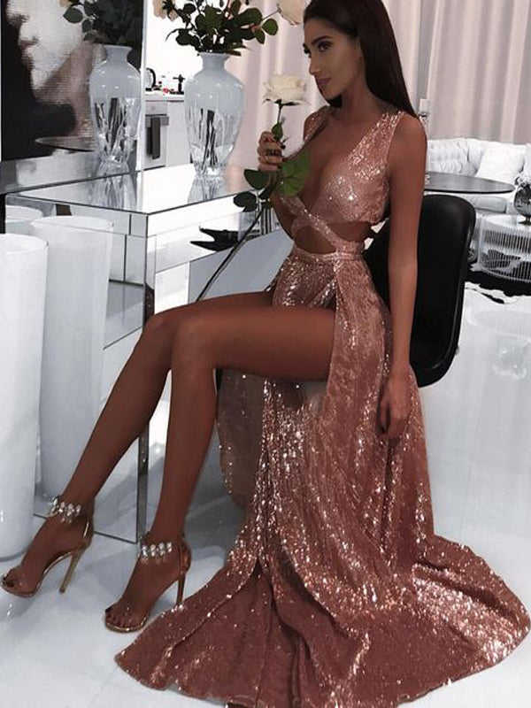 Simple Spaghetti Straps Long Prom Dresses with Slit, Champagne Long Fo –  jbydress