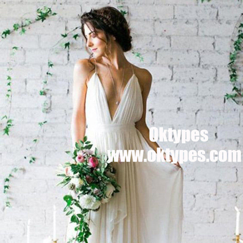 A-Line Deep V-Neck Sweep Train Backless Ivory Chiffon Wedding Dress with Pleats, TYP0856