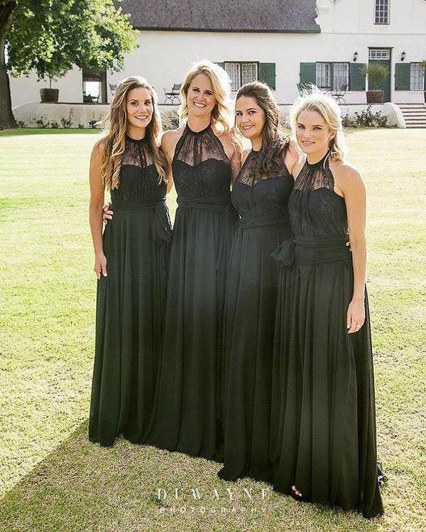 Black Chiffon Lace Halter Bridesmaid Dresses,Long Bridesmaid Dresses, TYP1203