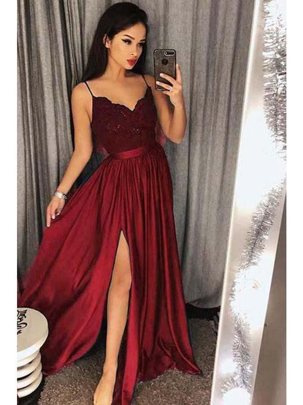 Spaghetti Strap Prom Dresses Long Lace V Neck Maxi High Split Evening Ball Gowns 2019, TYP1224