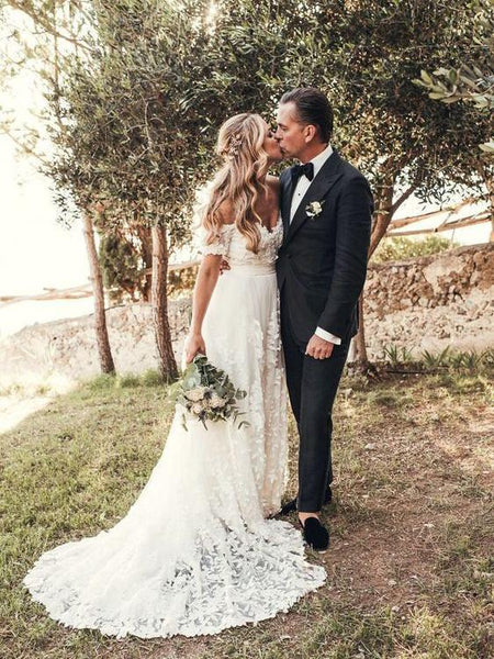 Lace Applique Ivory Beach Wedding Dresses V Neck Backless Wedding Dres –  Oktypes