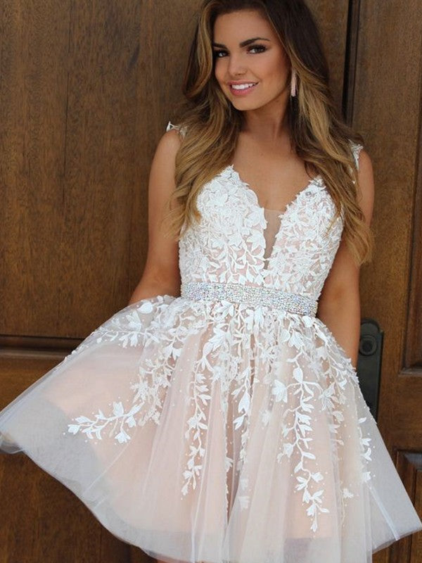 Pretty V-neck Short Cheap Homecoming Dresses With Applique&Beaded, TYP1145