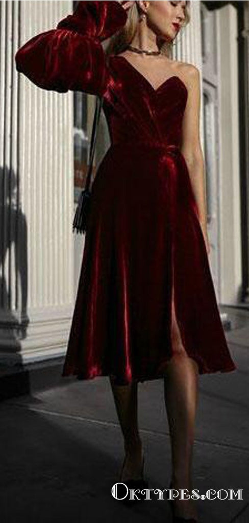Single Length Burgundy One Shoulder Long Sleeve Homecoming Dresses, TYP1970