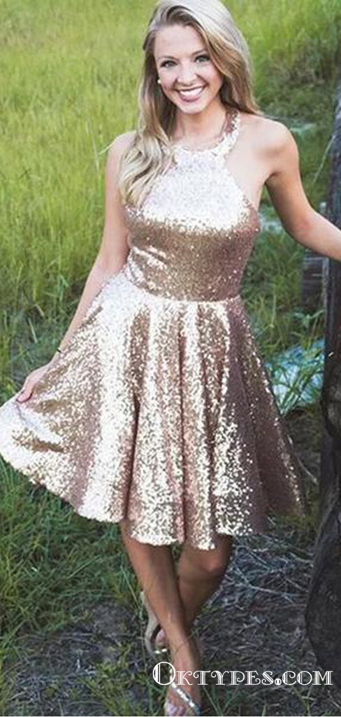 Bling A Line Halter Gold Sequins Short Cheap Homecoming Dresses, TYP2028