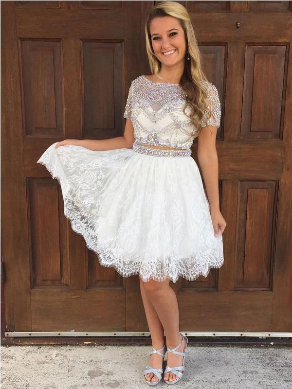 Cap Sleeves Rhinestone Two Pieces Short Homecoming Dresses, CM503