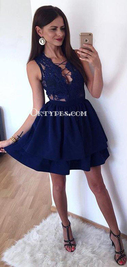 Sexy V-neck Royal Blue Satin A-line Cheap Short Homecoming Dresses, HDS0021