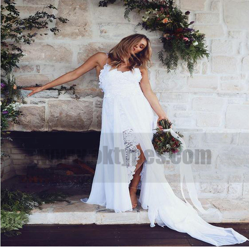 Stylish Halter Criss-Cross Straps Long White Wedding Dresses with Bead –  Oktypes