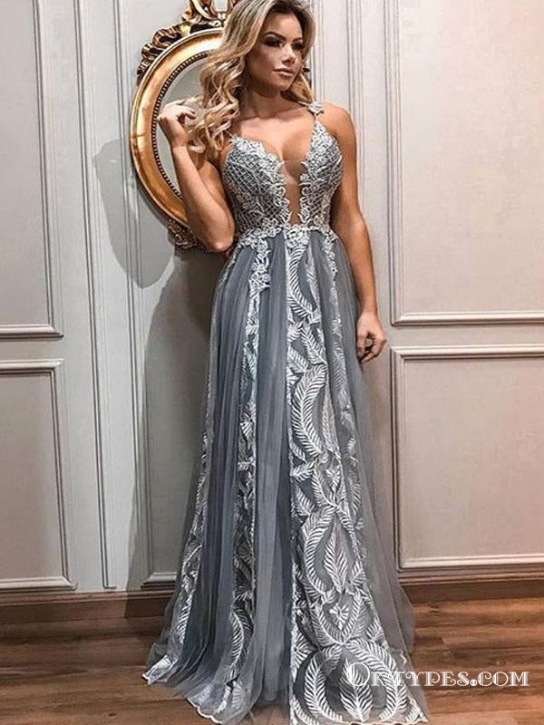 Sexy V-neck Charming Spaghetti Straps Long Cheap With Appliques Prom Dresses, TYP1384