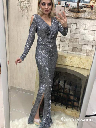Sexy Sliver Sequin Long Sleeve V Neck Prom Dresses with Slit, TYP1843