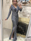 Sexy Sliver Sequin Long Sleeve V Neck Prom Dresses with Slit, TYP1843