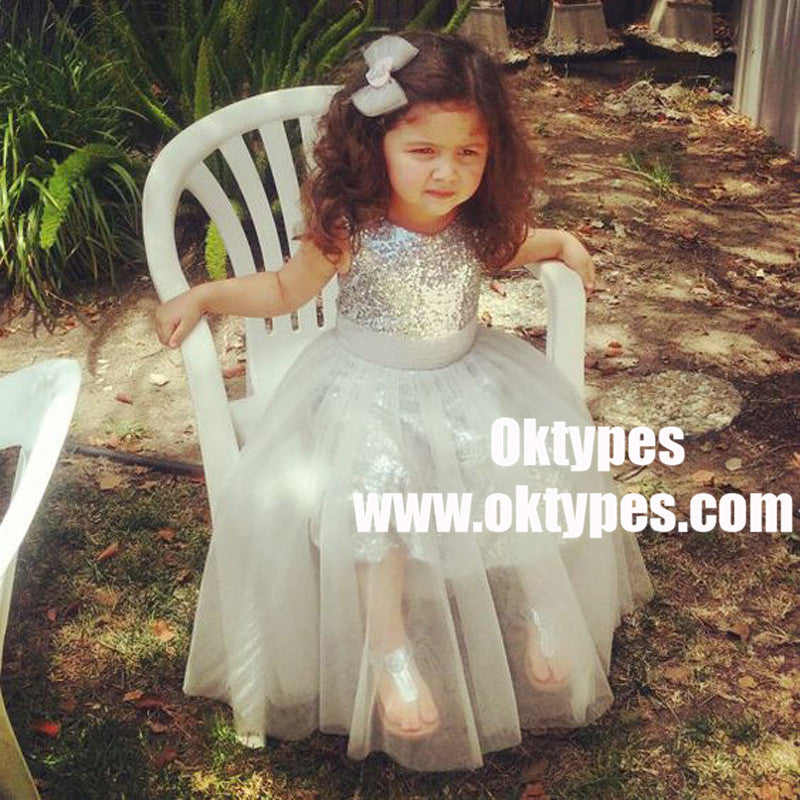 A-Line Jewel Tea-Length Silver Tulle Sequined Flower Girl Dresses, TYP0929