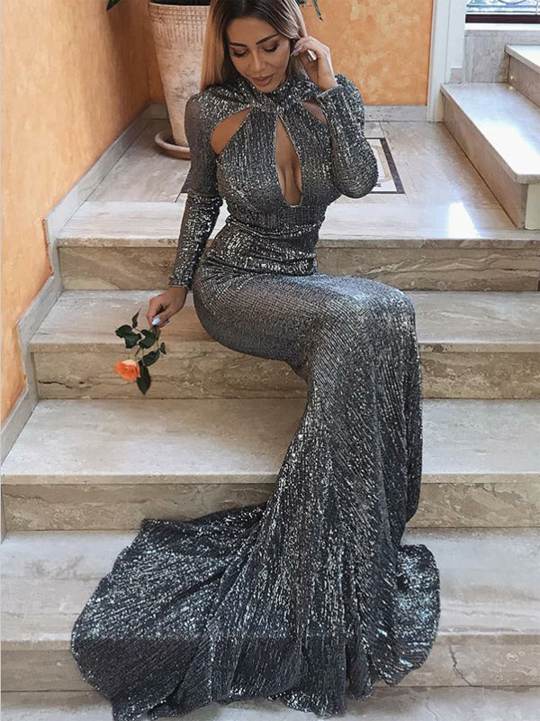 Mermaid High Neck Cut Out Grey Sequined Prom Dresses Online, TYP1307