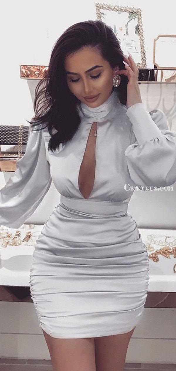white and silver homecoming dresses Sexy High Neck Open Chest Long Sleeves Silver Cheap Short Homecoming D – Oktypes