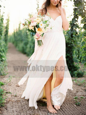 Casual Spaghetti Straps V Neck Side Slit Simple Beach Wedding Dresses, TYP0800