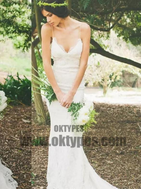 Wedding Dresses, Spaghetti Straps Ivory Lace Backless Tulle Wedding Dresses, TYP0683