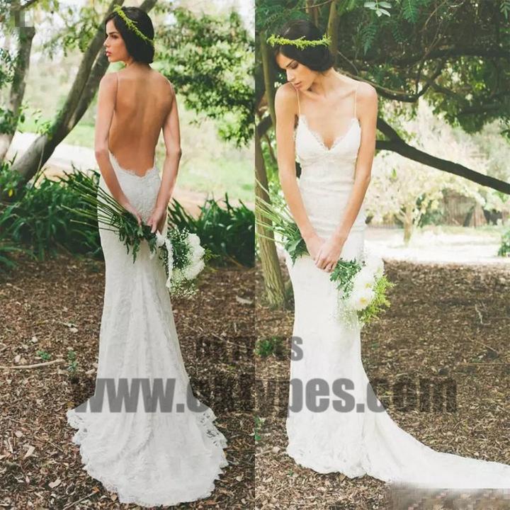 Wedding Dresses, Spaghetti Straps Ivory Lace Backless Tulle Wedding Dresses, TYP0683