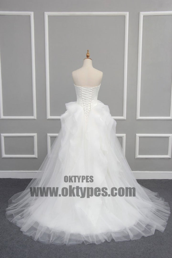 Straight Neckline Off White Lace Top A-line Tulle Gorgeous Lace Up Wedding Dresses, TYP0600