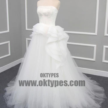 Straight Neckline Off White Lace Top A-line Tulle Gorgeous Lace Up Wedding Dresses, TYP0600