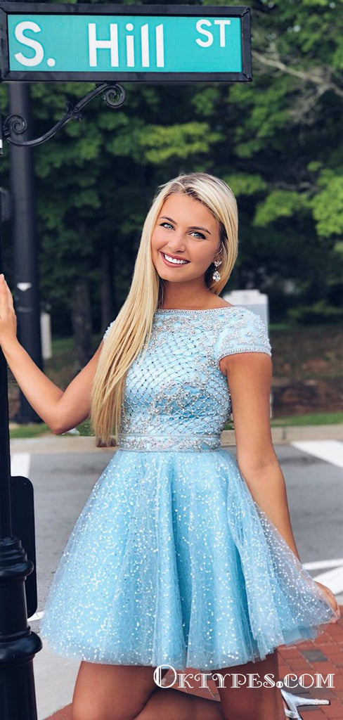 Sparkly A Line Scoop Open Back Cap Sleeves Light Blue Beaded Short Cheap Homecoming Dresses, TYP2034