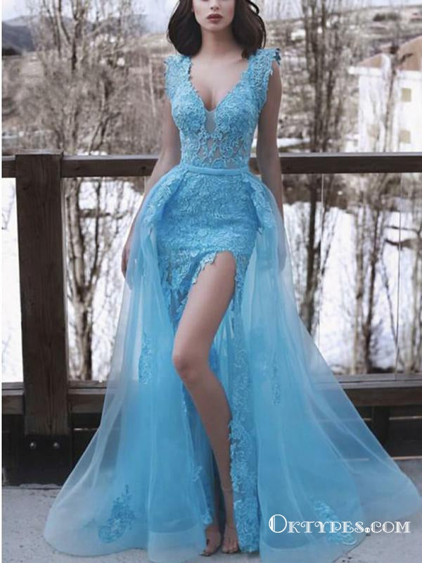 Dreamy Mermaid Blue V-neck Sleeveless Prom Dresses with Detachable Train Split, TYP1740