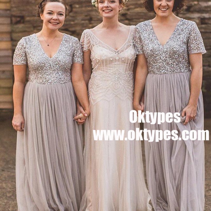 A-Line V-Neck Short Sleeves Grey Tulle Bridesmaid Dress with Sequins, TYP0911