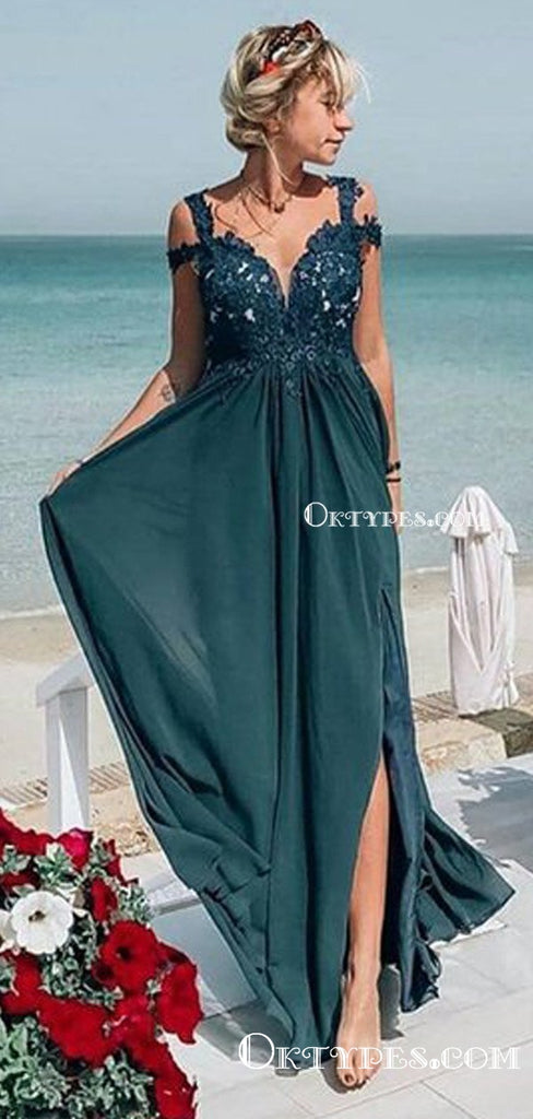 Charming Newest Chiffon Simple Off The Shoulder Lace Dark Green Long Cheap Prom Dresses, PDS0041