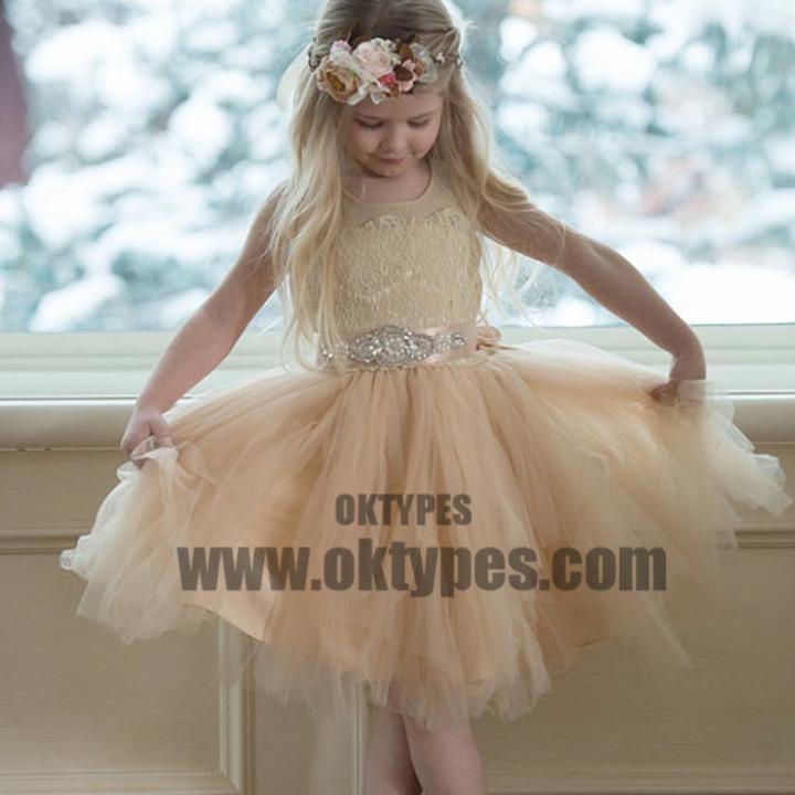 Illusion Lace Top Tulle Flower Girl Dresses, Popular Little Girl Dresses with rhinestone Belt, TYP0630