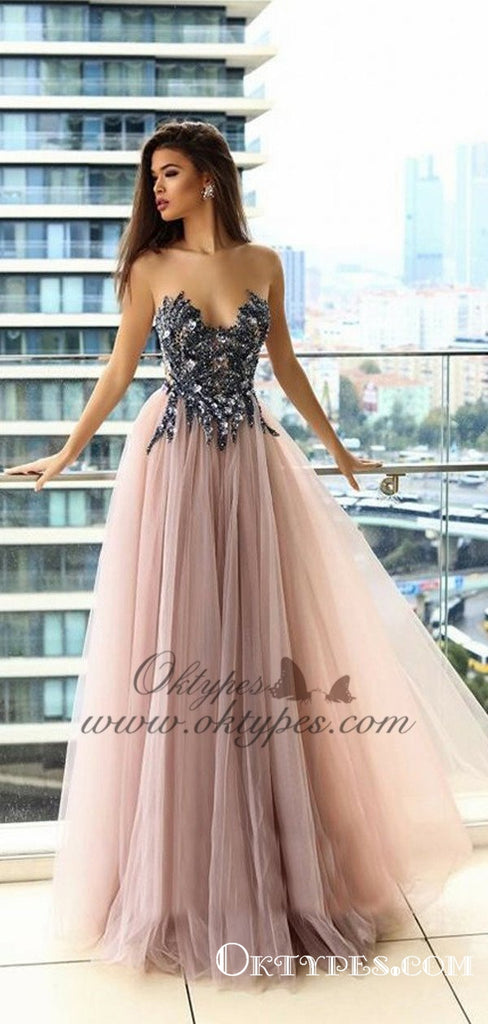 Delicate Illusion Round Neck Blush Prom Dresses with Appliques Beading, TYP1527