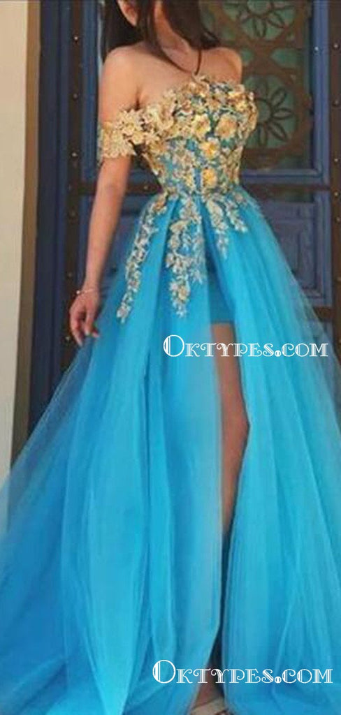 Charming Off-The-Shoulder Blue Tulle Gold Appliqued High Side Slit A-line Long Cheap Prom Dresses, PDS0029