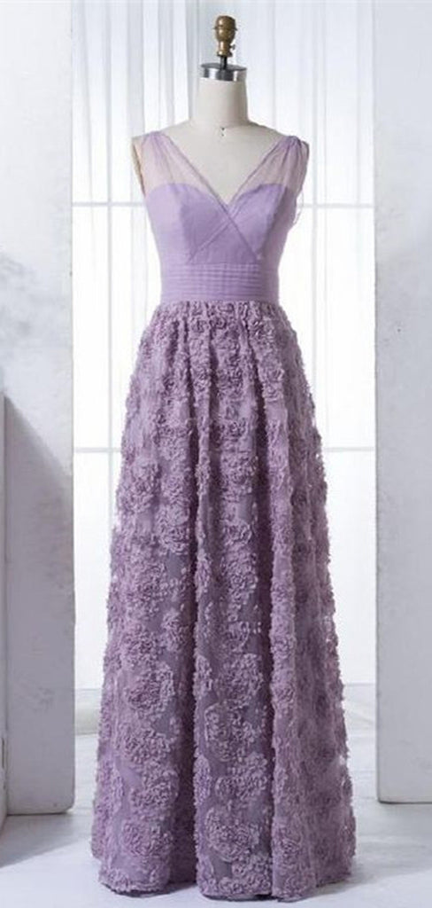 Charming Lilac V-neck Long Cheap Tulle Prom Dresses with Handmade Flowers, TYP1426
