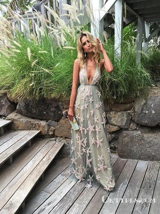 Sexy Deep V-Neck A-line Long Cheap Prom Dresses With Applique, TYP1848