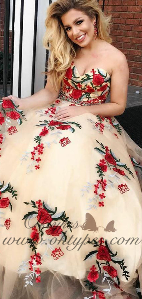 Charming Sweetheart Floral Flower Applique Long Prom Dresses, TYP1467