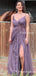Charming V-neck Spaghetti Strap Lavender Tulle Lace Appliqued A-line Long Cheap Evening Prom Dresses, PDS0046