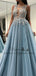 Scoop Sky Blue Open Back Long Formal Prom Dresses with Appliques, TYP1522