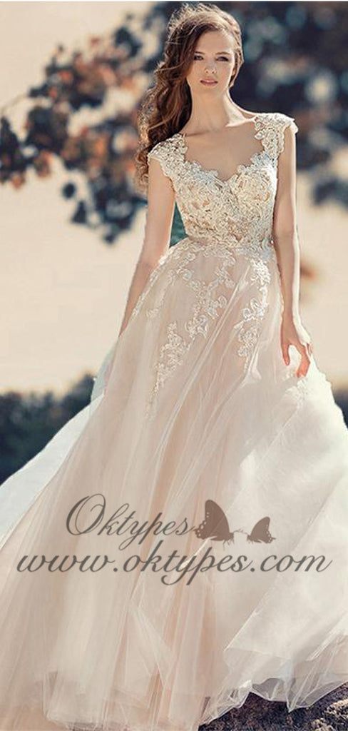 Lace Straps Brush Train Appliques Beautiful Simple Wedding Dresses, TYP1489