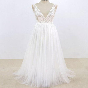 Lace Top V-back Cup Sleeve Tulle Beach Wedding Dresses, Wedding Dresses, TYP0777