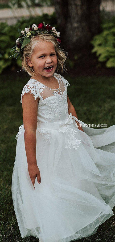 Cute Round Neck Lace Appliqued White Tulle Long Cheap Charming Flower Girl Dresses, FGS0013