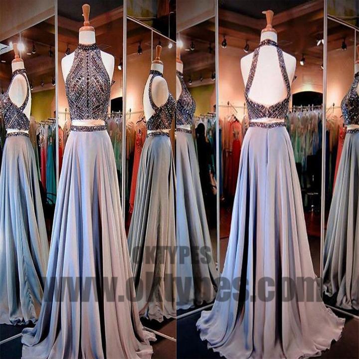 2 Pieces Rhinestone Beaded Top Satin Prom Dresses, Gorgeous Long Prom Dresses, TYP0483