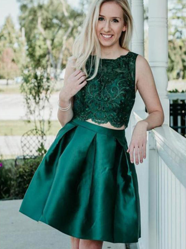 Two Pieces Beading Sleeveless Green Lace Appliques Short Homecoming Dresses, TYP1110