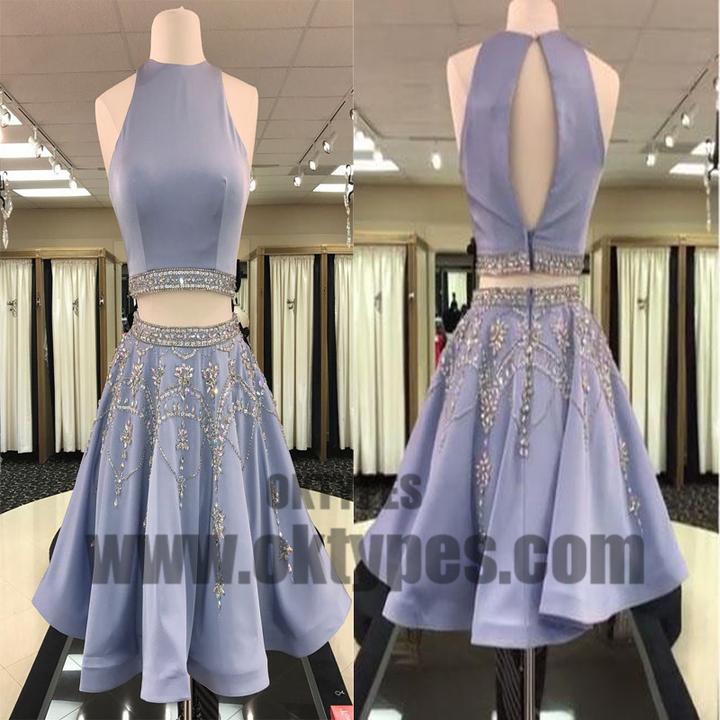 Open Back Grey Beaded Two Pieces Homecoming Dresses 2018, Homecoming Dresses, TYP0606