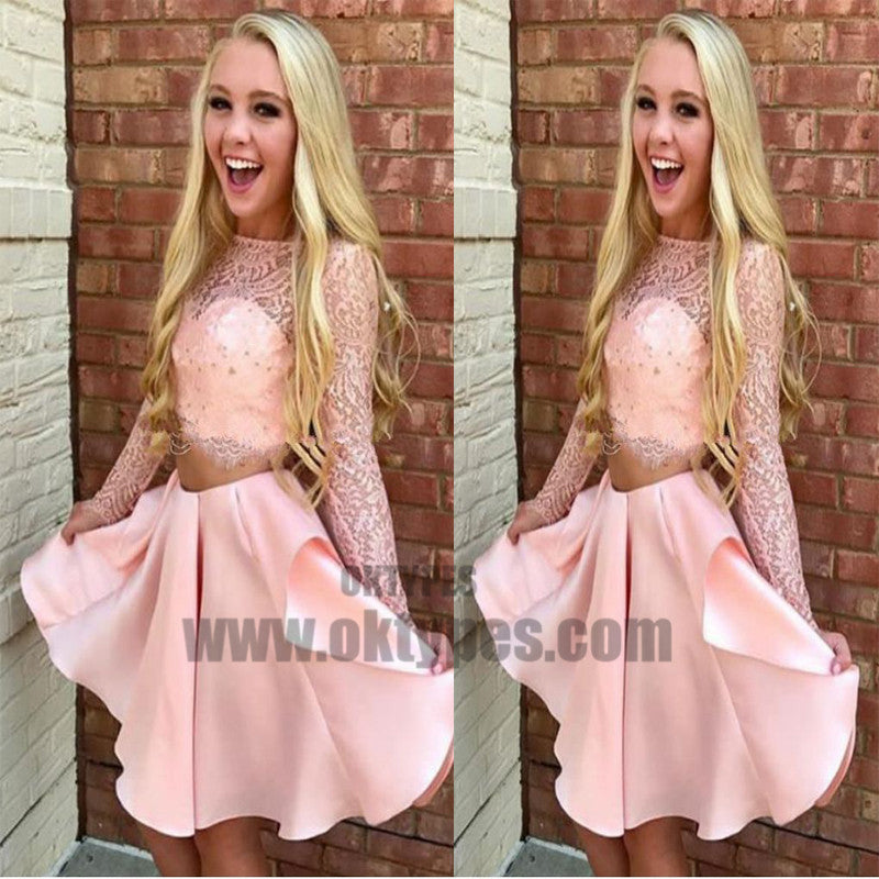 Two Piece Bateau Long Sleeves Pink Satin Homecoming Dress with Lace, TYP0713