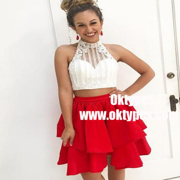 Two Piece High Neck Red Homecoming Dress with Beading, TYP0864