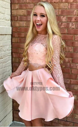 Two Piece Bateau Long Sleeves Pink Satin Homecoming Dress with Lace, TYP0713