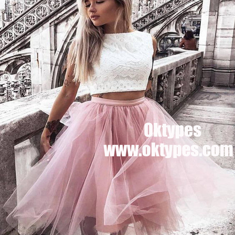 Two Piece Bateau Pink Tulle Homecoming Party Dress with Lace, TYP0963