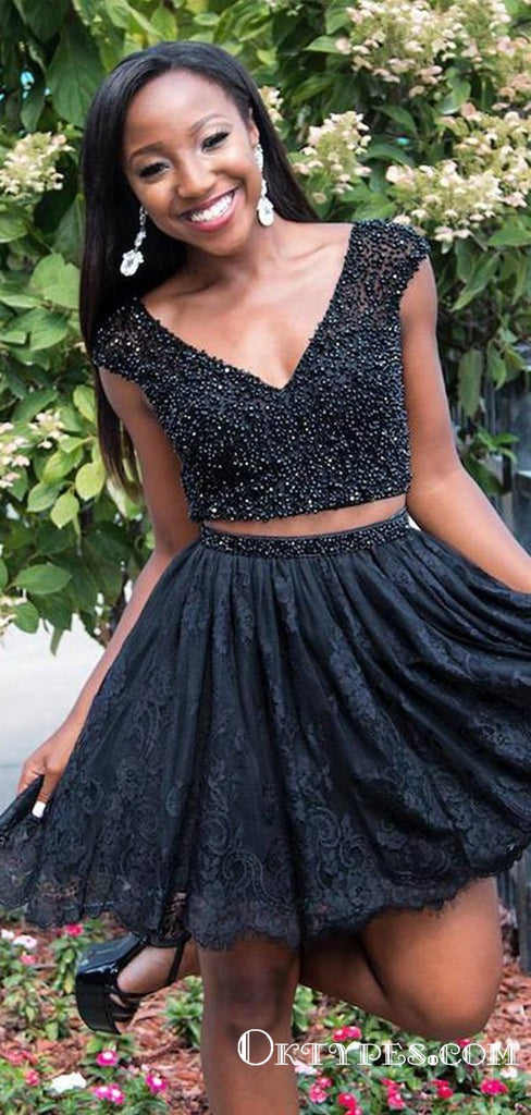 Two Piece V-Neck Black Lace Cocktail Homecoming Dresses With Beaded, TYP2011