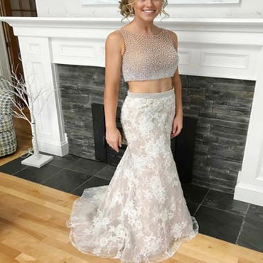 Two Piece Lace Prom Dresses, Sleeveless Prom Dresses, Open- back Prom Dresses, Sabrina Mermaid Prom Dresses, TYP0195