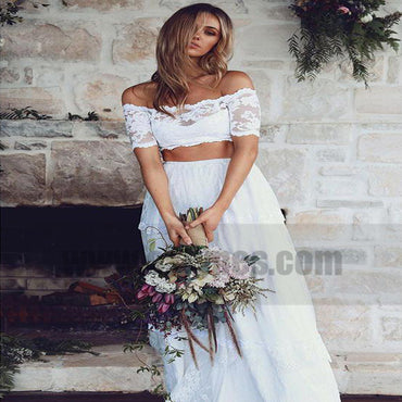 White Sexy Two Pieces Long Sleeve Lace Wedding Dresses Online, TYP0799