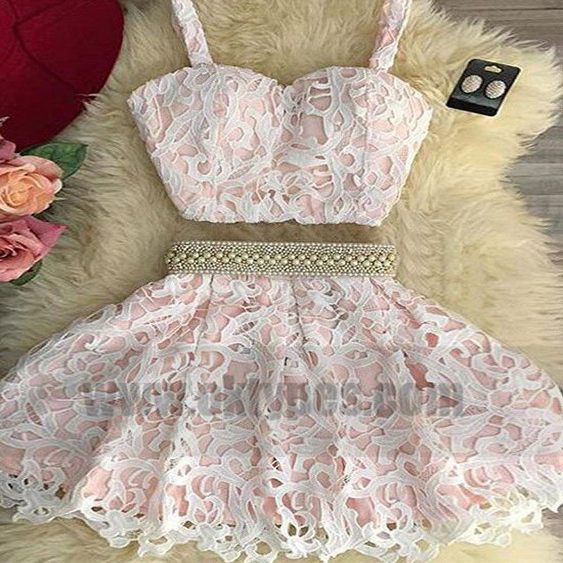 Two Piece White and Pink Short Lace Homecoming Dresses With Beading, TYP0781