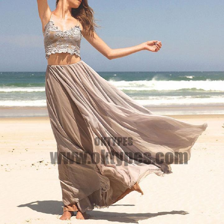 2 Pieces Spaghetti Lace Top Chiffon Prom Dresses, Chic Long Prom Dresses, TYP0643